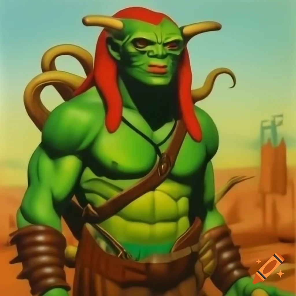 Muscular green-skinned alien barbarian with antennae in 1960s pulp sci-fi style