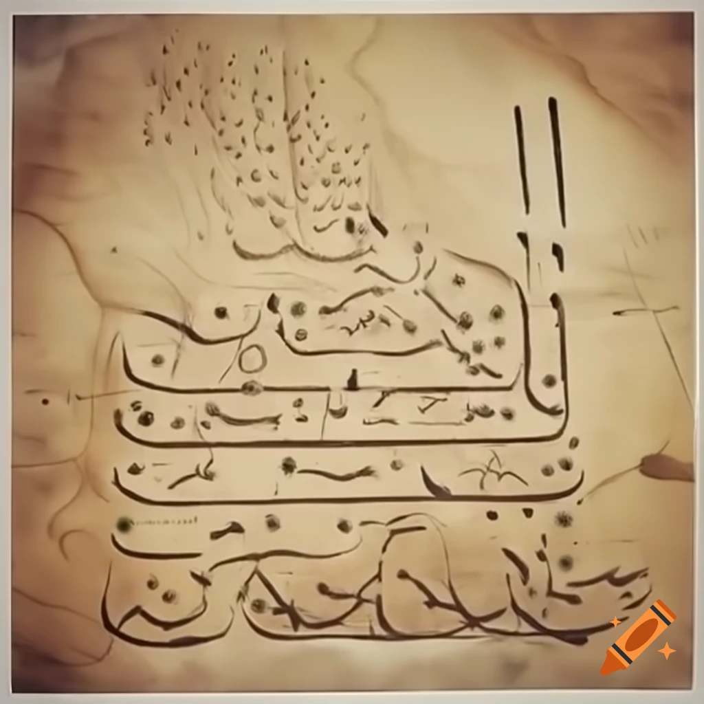 Lithograph of action scene from Arabian Nights with Islamic calligraphy and artistic elements of Carrington, Rivera, and Wyeth