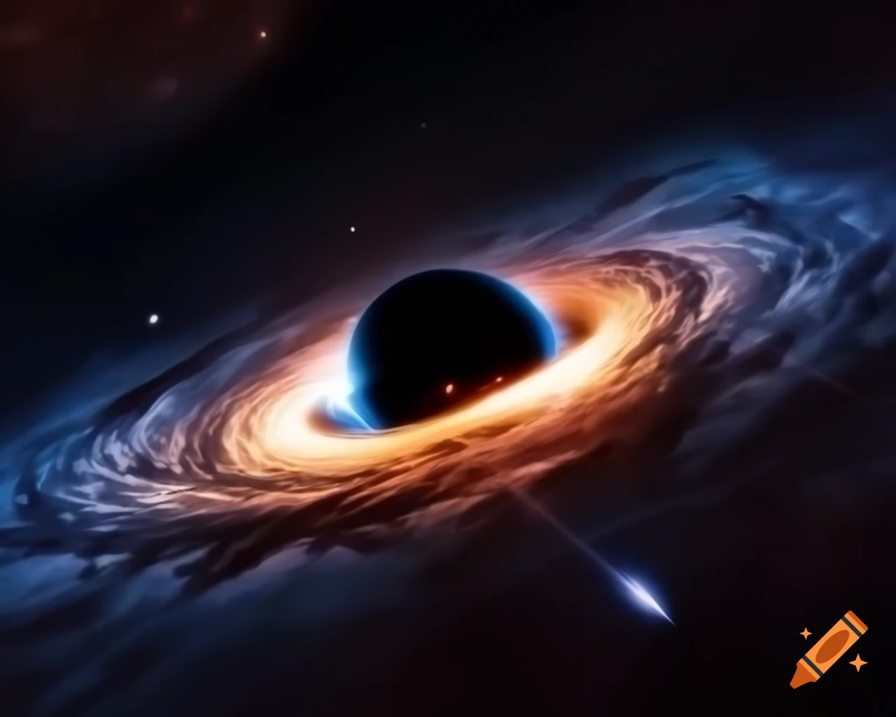 Realistic depiction of a black hole in star-filled space with artistic lens flare