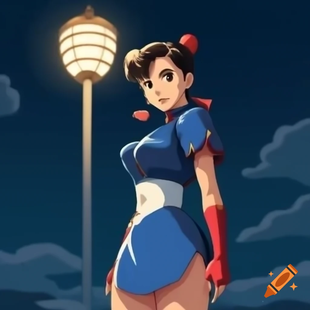 Anime-style Chun-li from Street Fighter in front of floodlight
