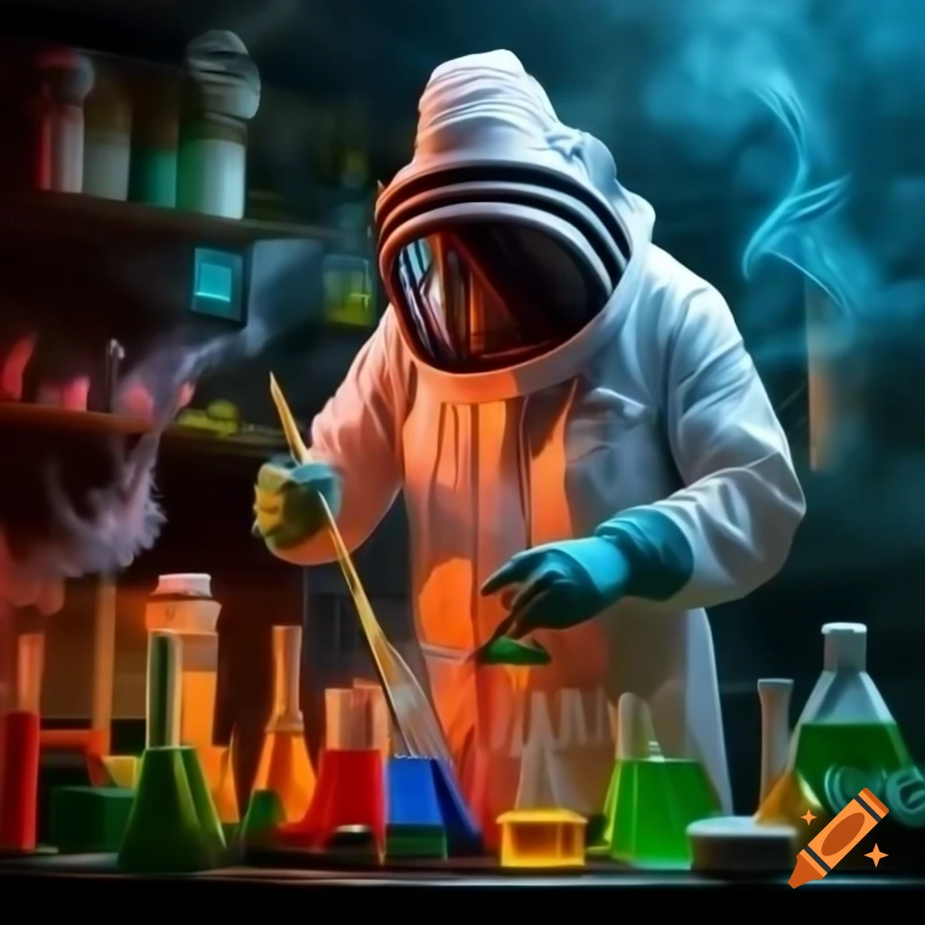 Realistic scientist in lab coat mixing beakers with colorful liquids and neon smoke