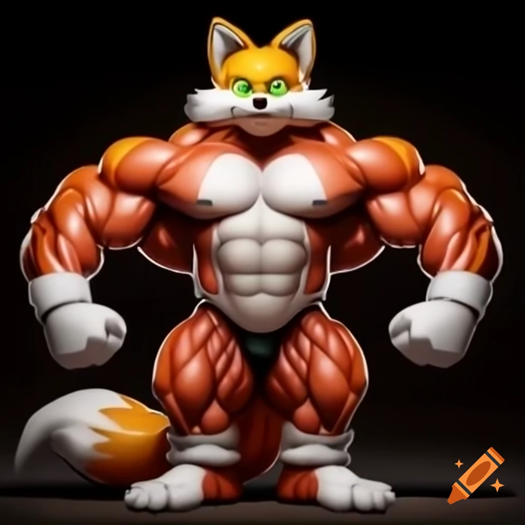 Furry art of Miles 'Tails' Prower flexing exaggerated bodybuilder muscles in full-length portrait