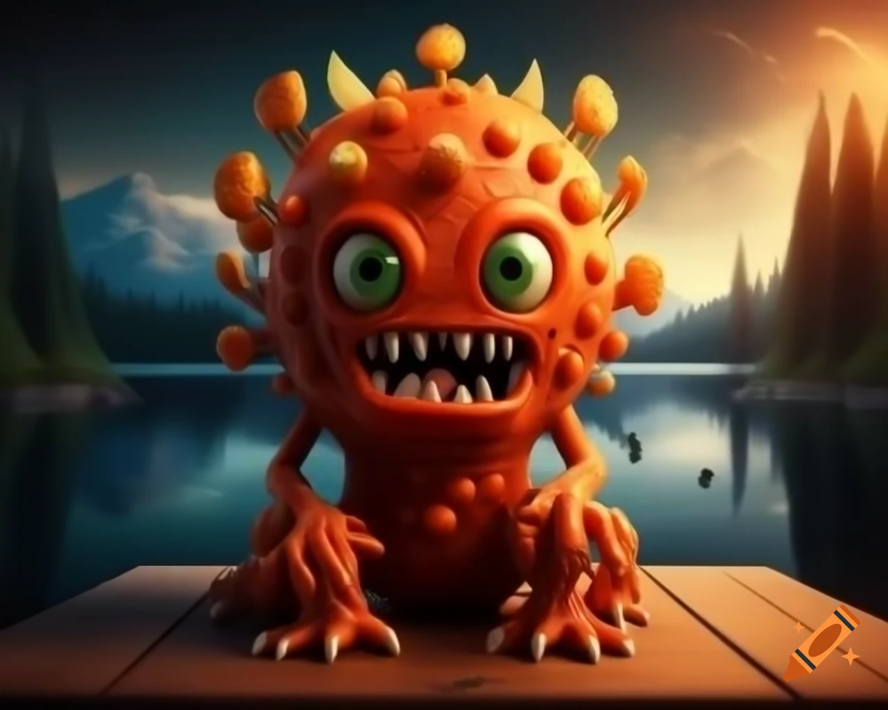 3D orange tree monster with human face on wooden table in forest