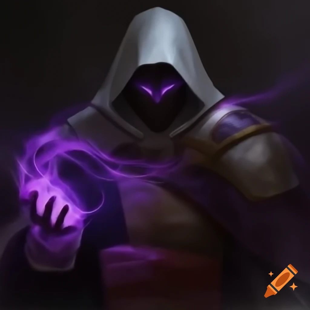 Hooded man with purple energy from eye and hand, wearing gloves and armor