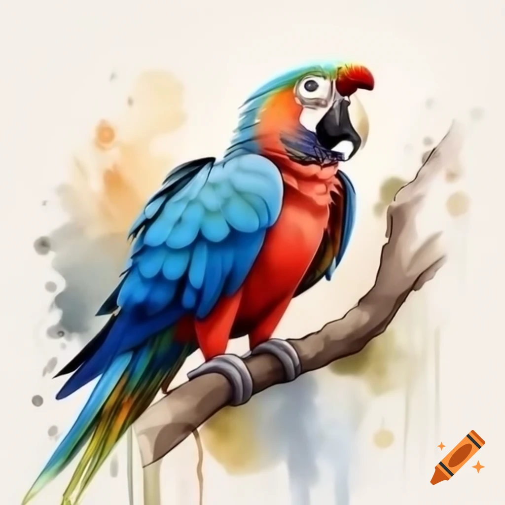 Cartoon-style king parrot in watercolor blue, red, and green on tree branch