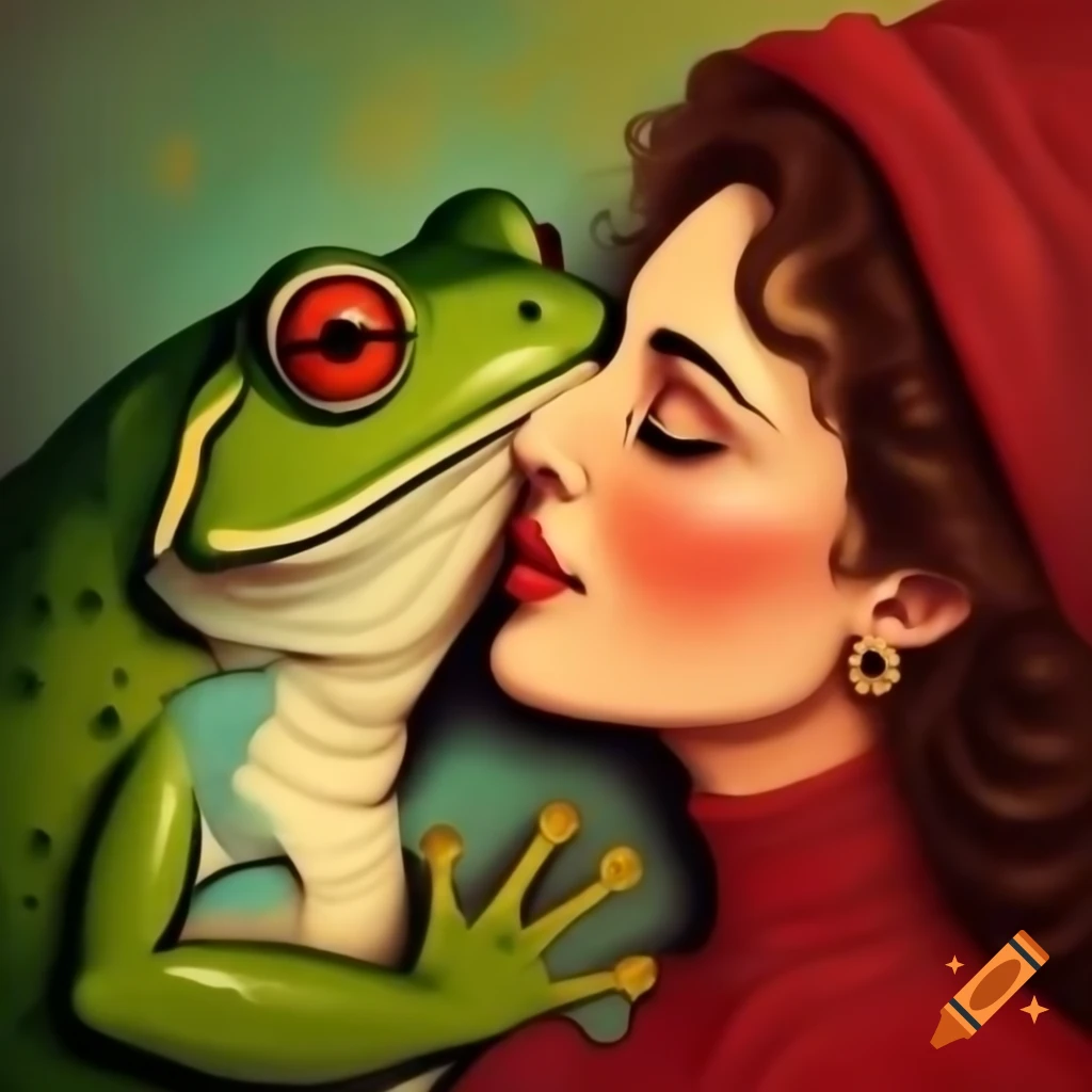 Vintage oil painting of a frog and a woman kissing