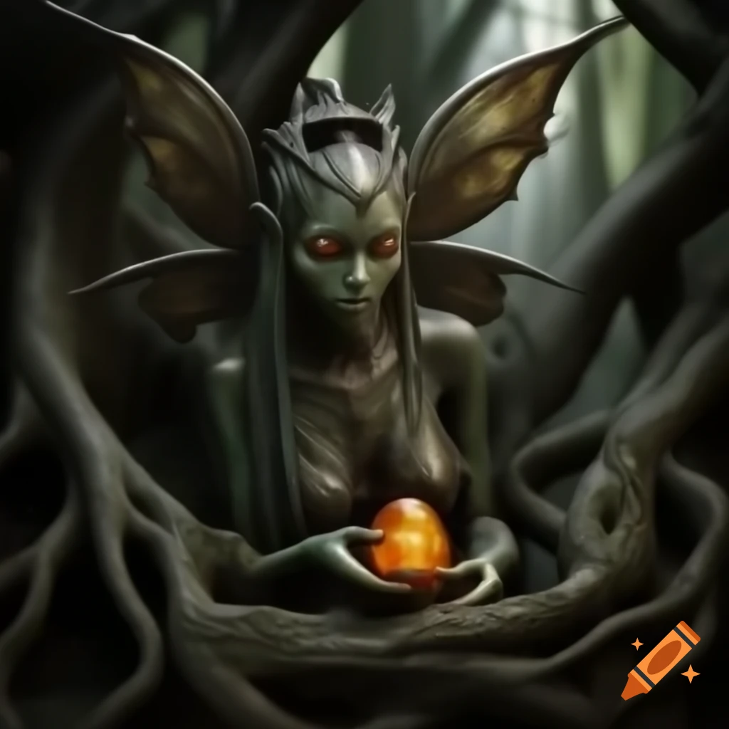 Gothic fairy sculpture in dark enchanted forest, featuring fairy with bat-like wings