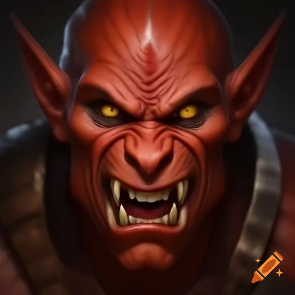 Realistic male hobgoblin warrior with red-orange skin and fierce expression, holding scimitar