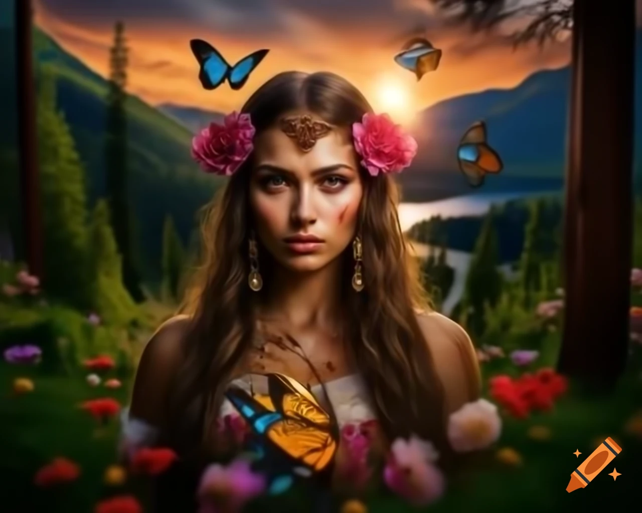 Hyperrealistic close-up of Slavic woman with flowers and butterflies in her hair
