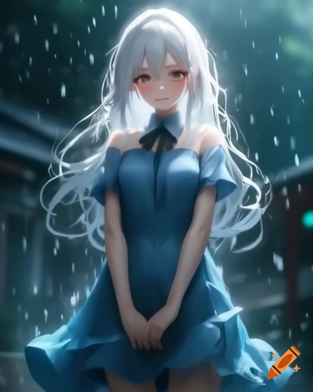 Anime woman with white hair in dress on a rainy day, realistic style