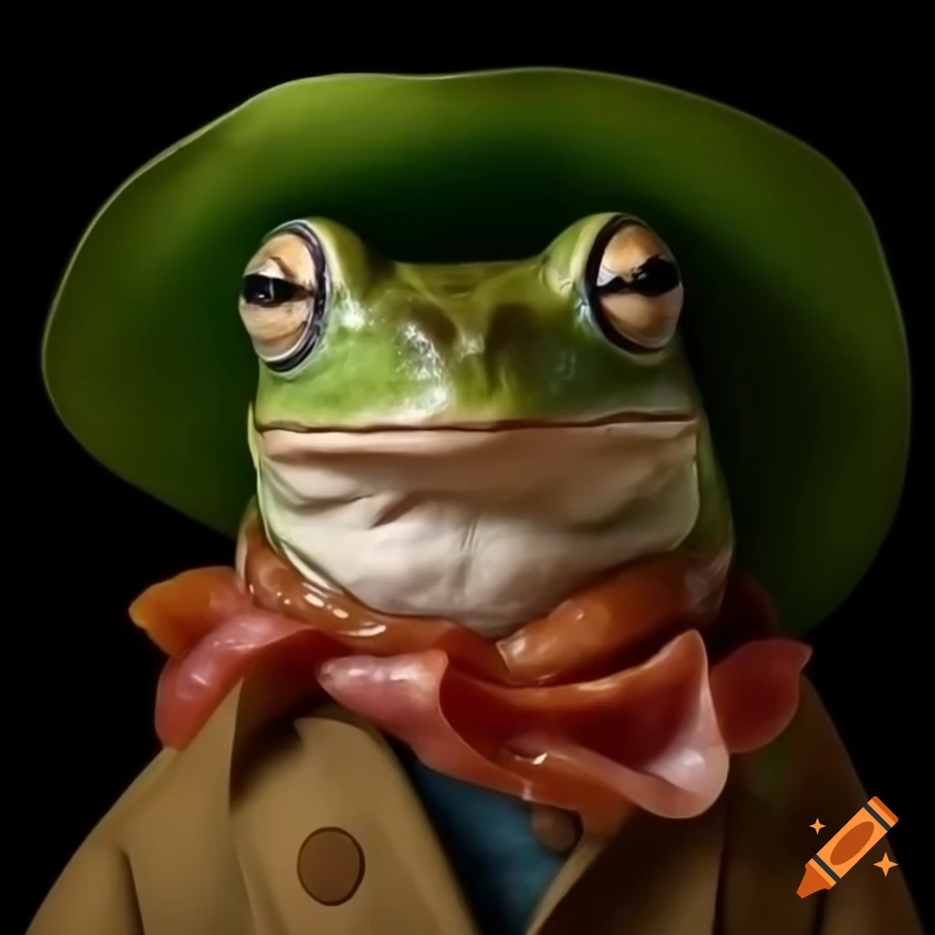 Artistic portrait of frog influenced by Rockwell, Schiele, and Bacon