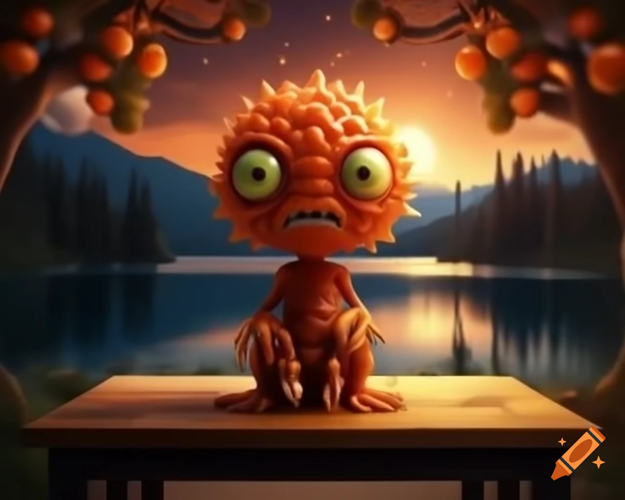 3D orange tree monster with human face on wooden table in forest