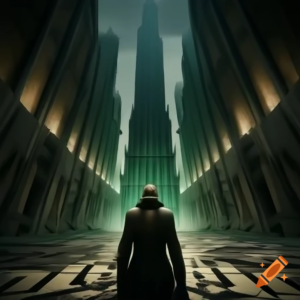 Dystopian future envisioned with Art Deco geometric elegance in deep blues and teals