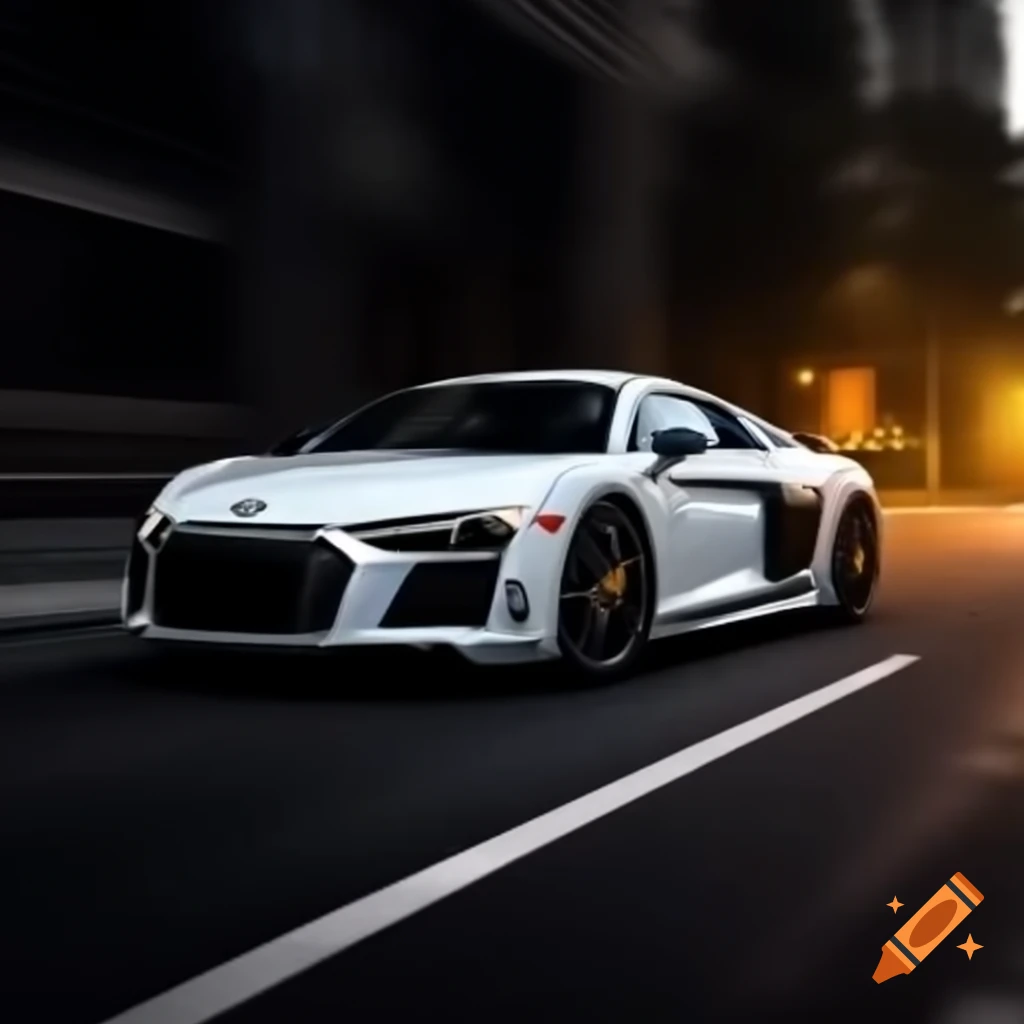 Audi R8 driving on road with buildings and LED lights in background