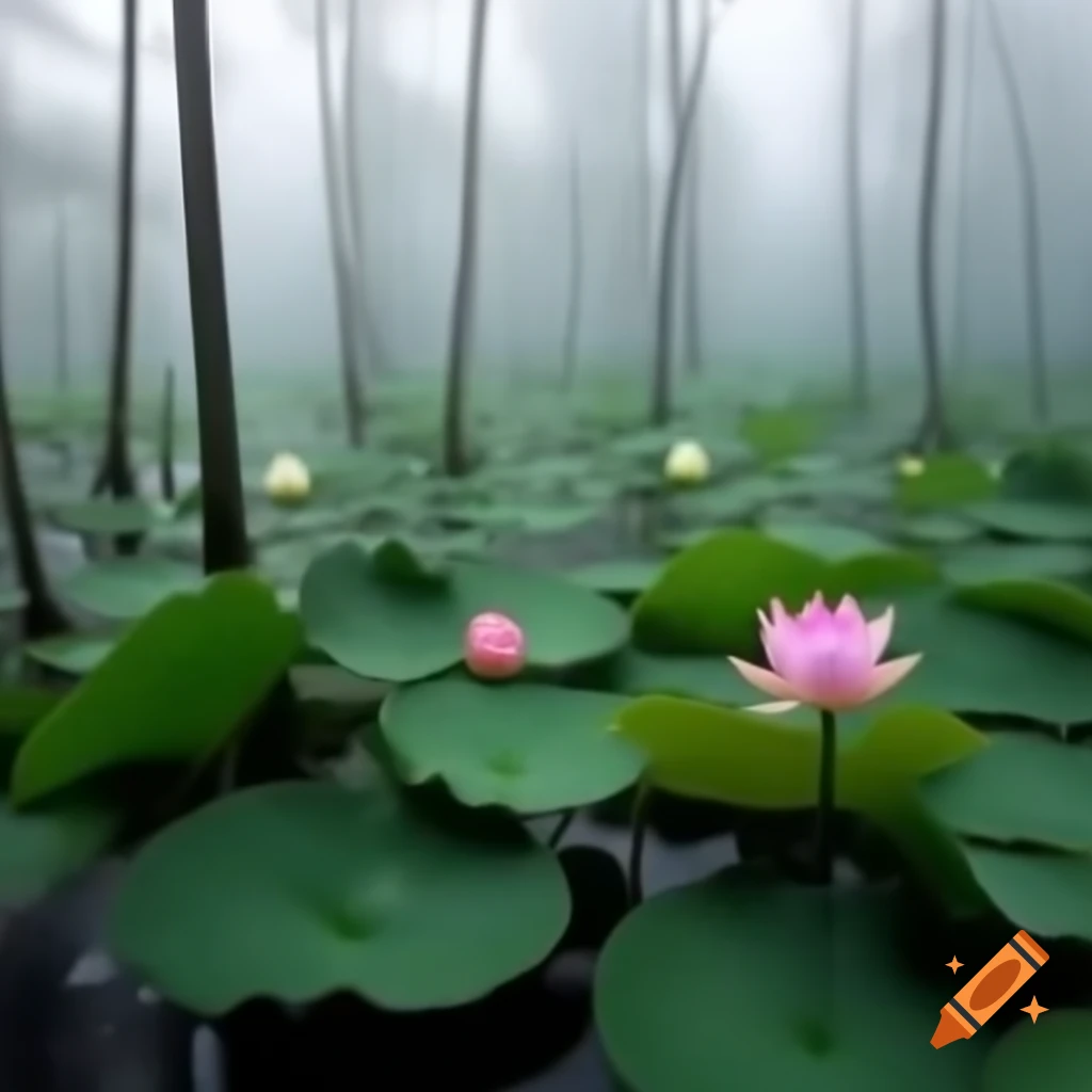Foggy swamp filled with lotus flowers