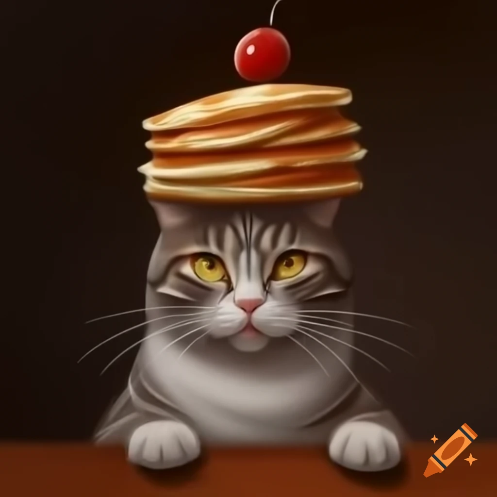 Cat balancing pancakes on its head