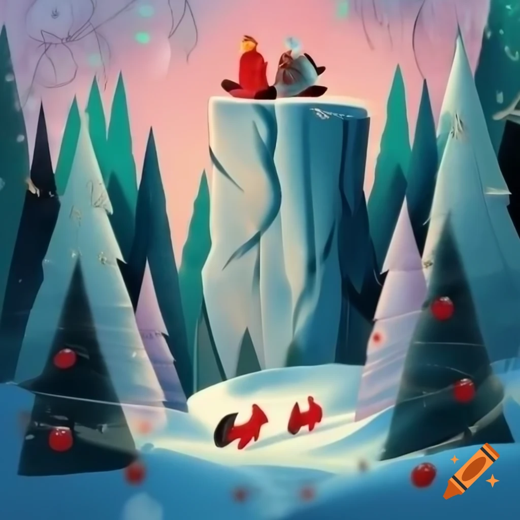 Panorama illustration of Christmas forest scene with Salish and Russian fairytale motifs