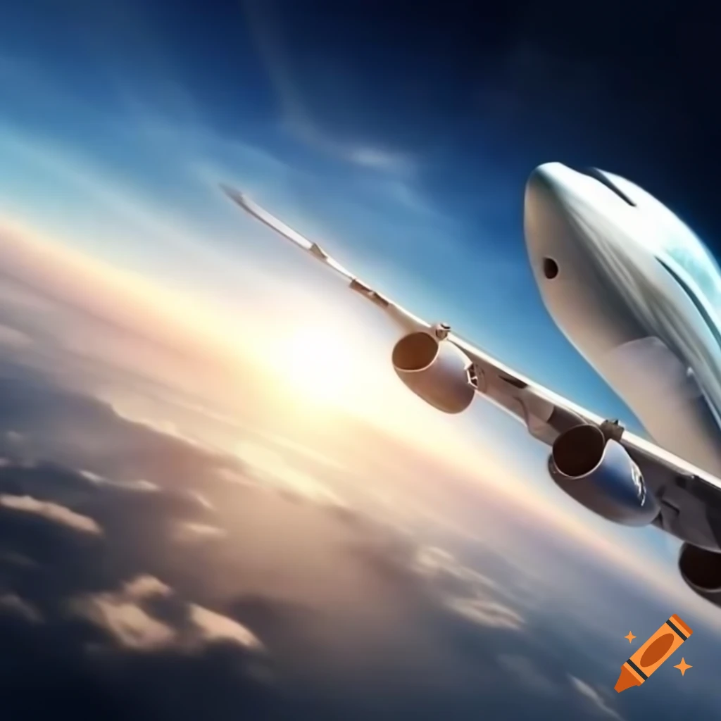 Earth viewed from sky with Boeing 747 in flight during golden hour