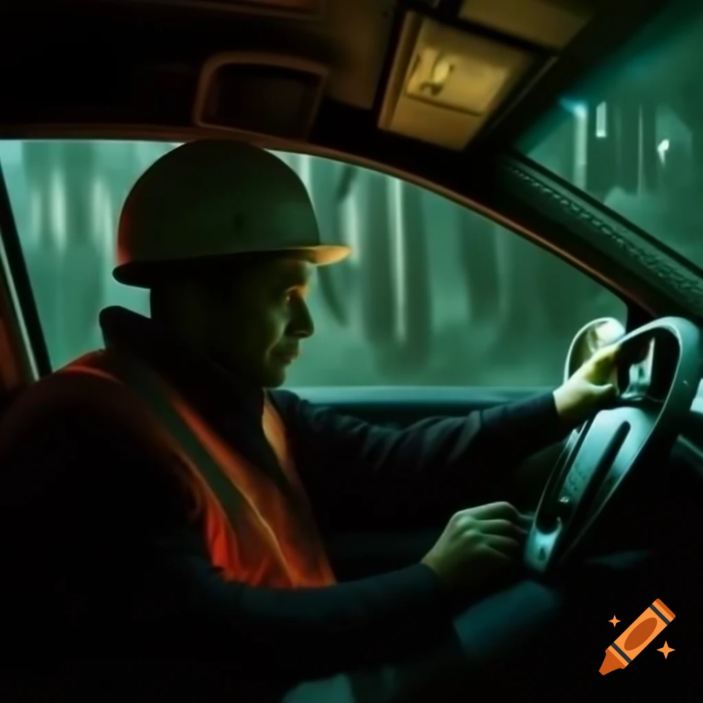 Engineer in high-performance car driving through woods at night with olive lighting