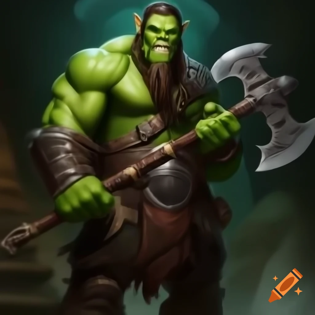 Male half orc barbarian with green skin wielding ornate black battle axe