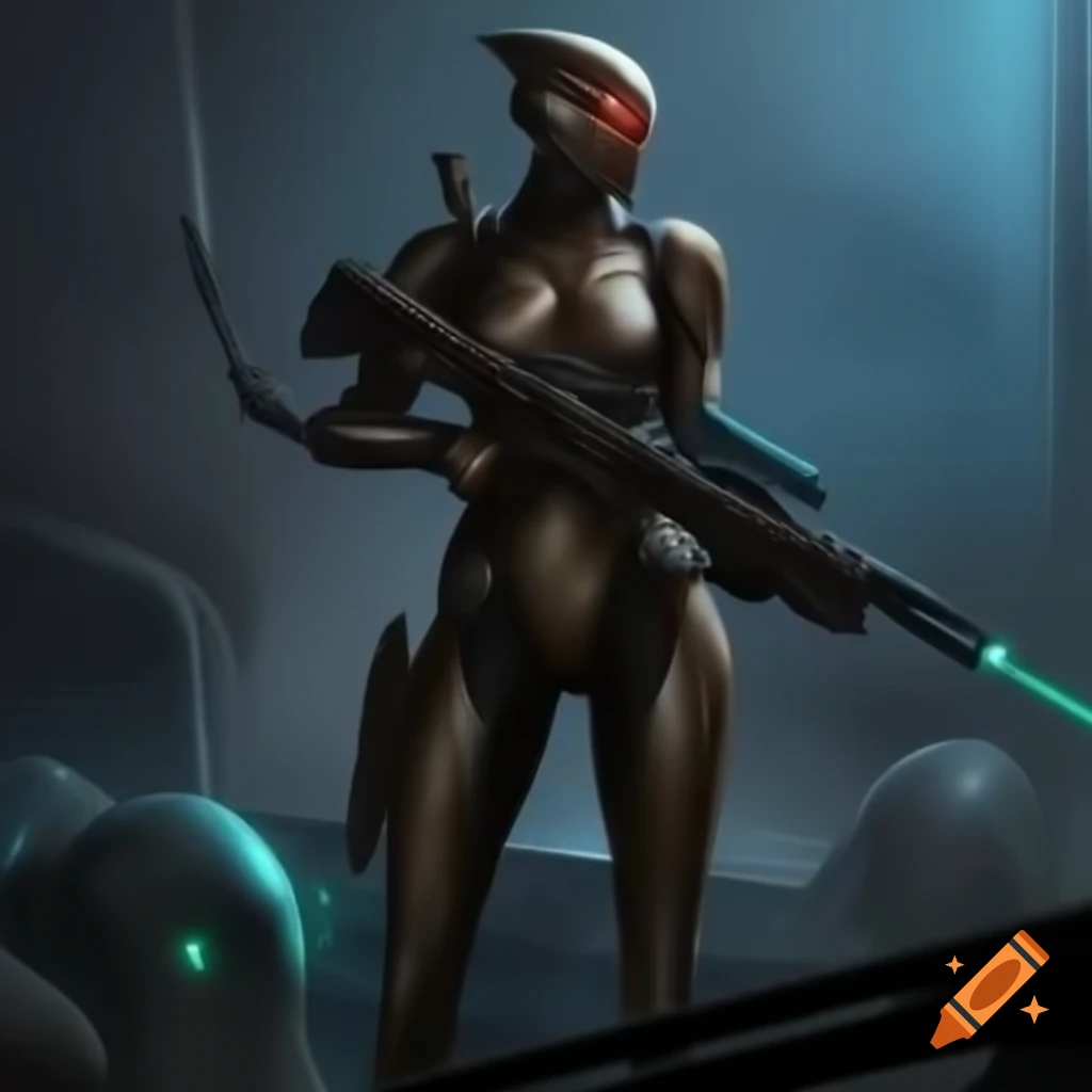 Cyborg warrior in armor armed with laser rifle in futuristic battlefield