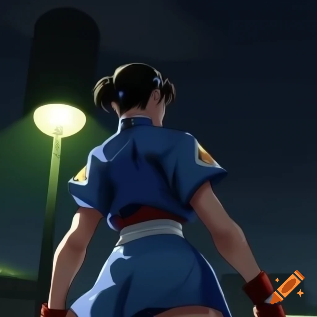 Anime portrayal of Chun-li from Street Fighter in front of floodlight