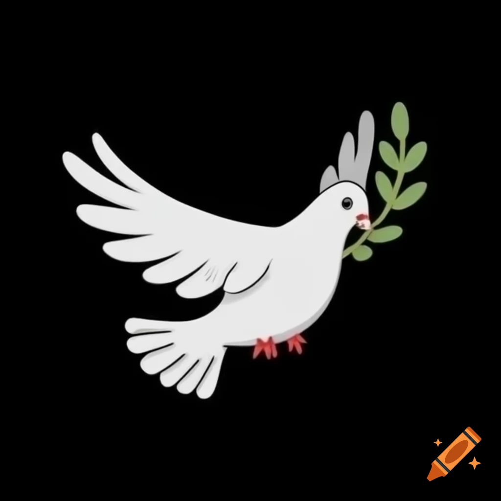 Cartoon dove holding olive branch on black background