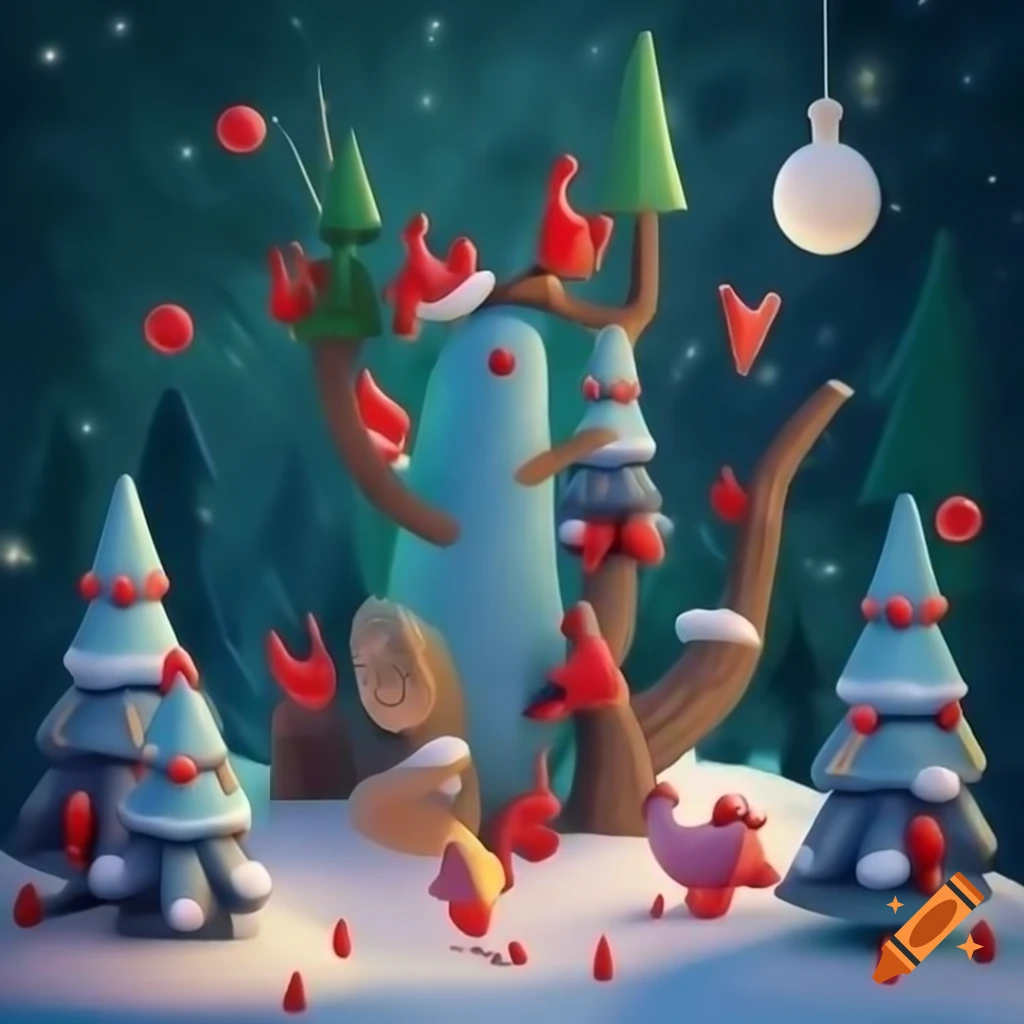 3D illustration of Christmas forest scene merging Native Salish and Russian fairytale motifs