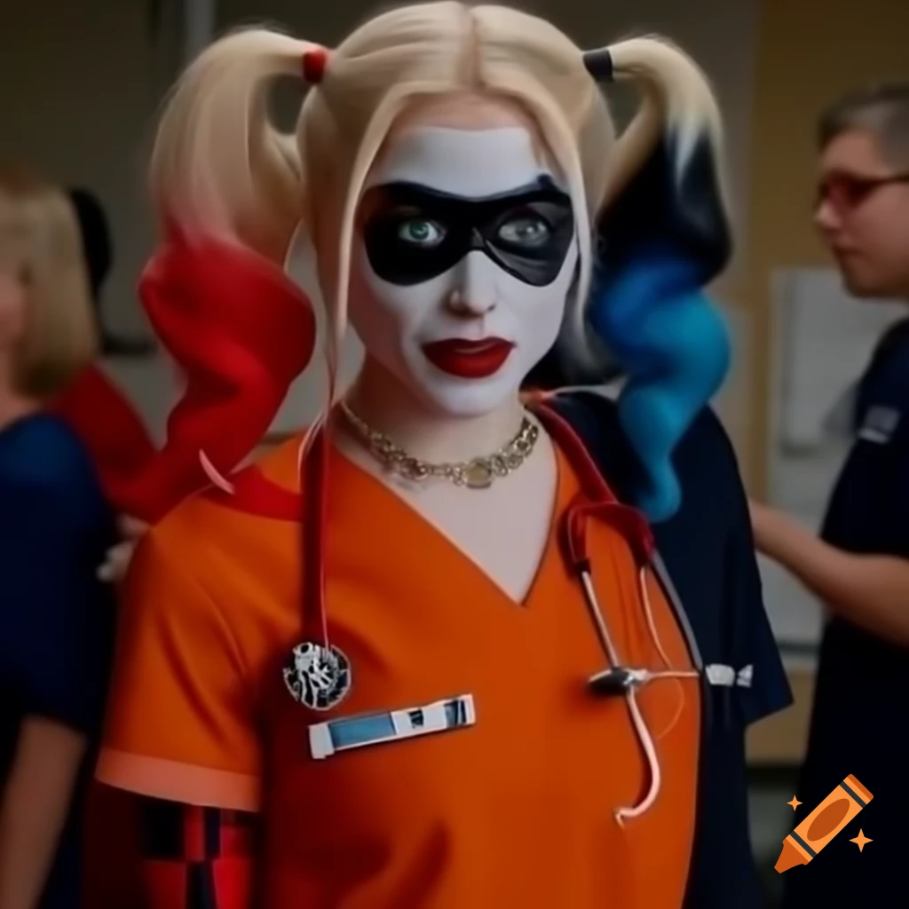 Harley Quinn in orange nurse scrubs