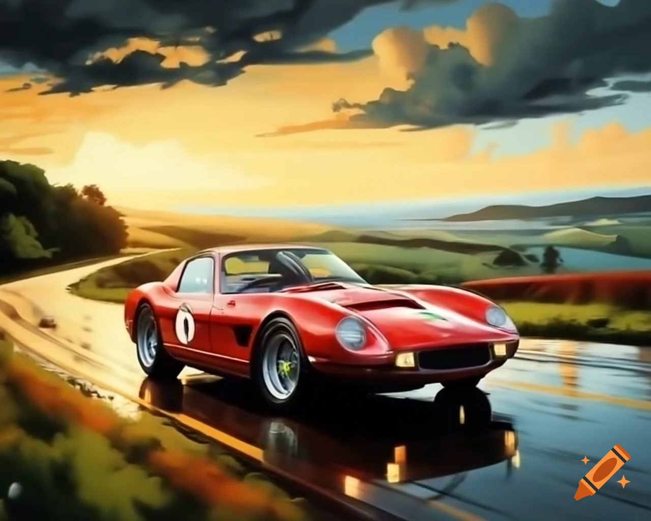 Vintage ferrari racing in pouring rain on winding road at sundown