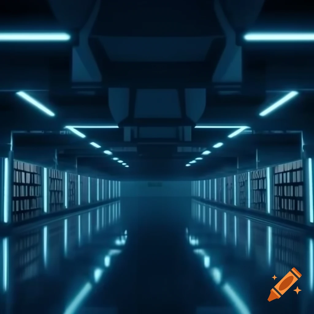Futuristic brutalist interior of a library with monochrome blue-white neon lighting