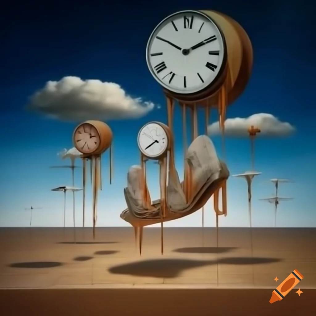 Surrealist scene with melting clocks and twisted objects in dreamlike landscape