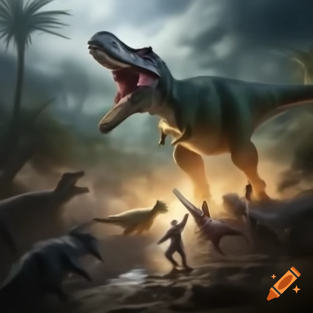 Intense battle scene featuring dinosaurs and humans