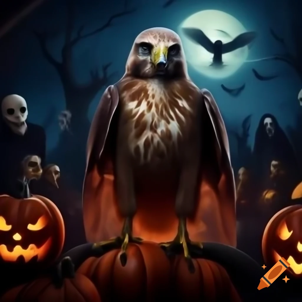 Coopers Hawk trick or treating on Halloween with ghosts and skeletons