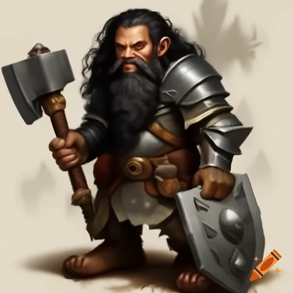 Tan mountain dwarf paladin with hammer and shield