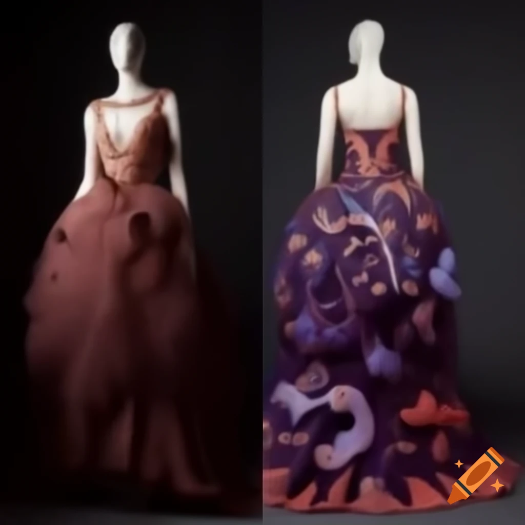 Dark haute couture dress with embroidered koi fish and floral details, azure, plum, and coral colors