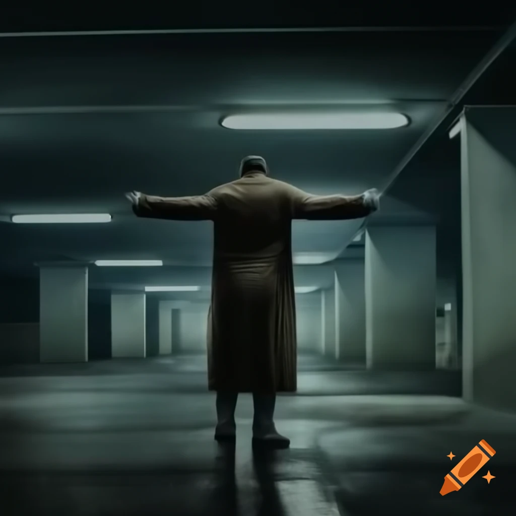 Violent criminal in t-pose stance, underground parking garage setting