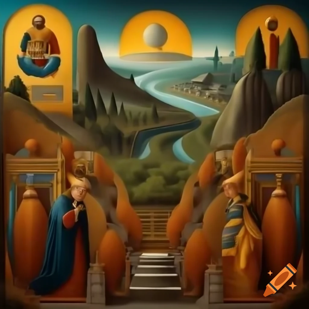 Grand diptych painting of Elysium and Tartarus representing afterlife realms