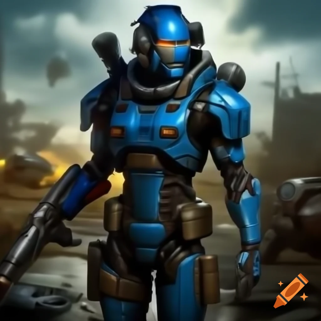 Cyborg warrior in armor with laser rifle in post-apocalyptic wasteland