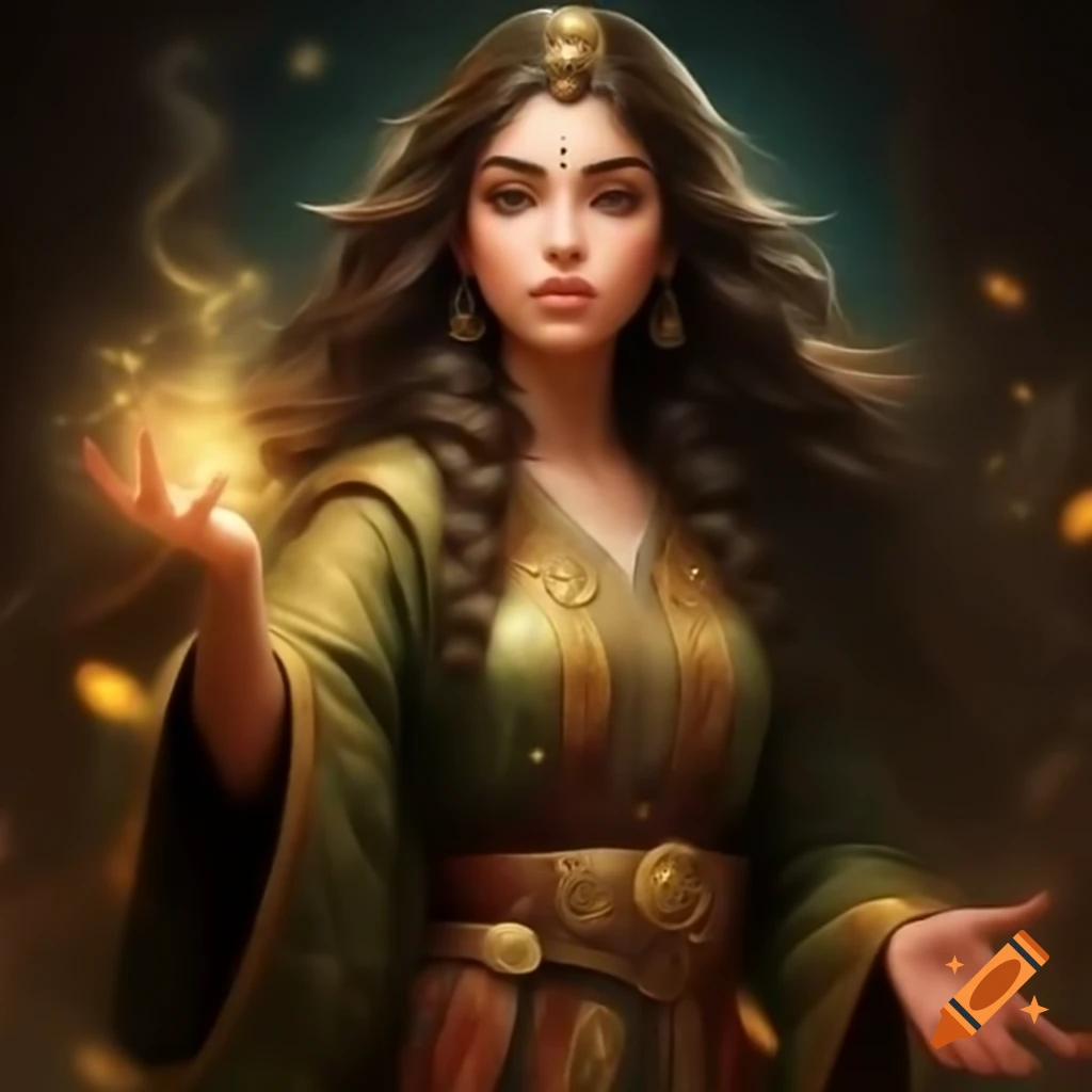 Young Persian woman in ornate robes displaying magical powers