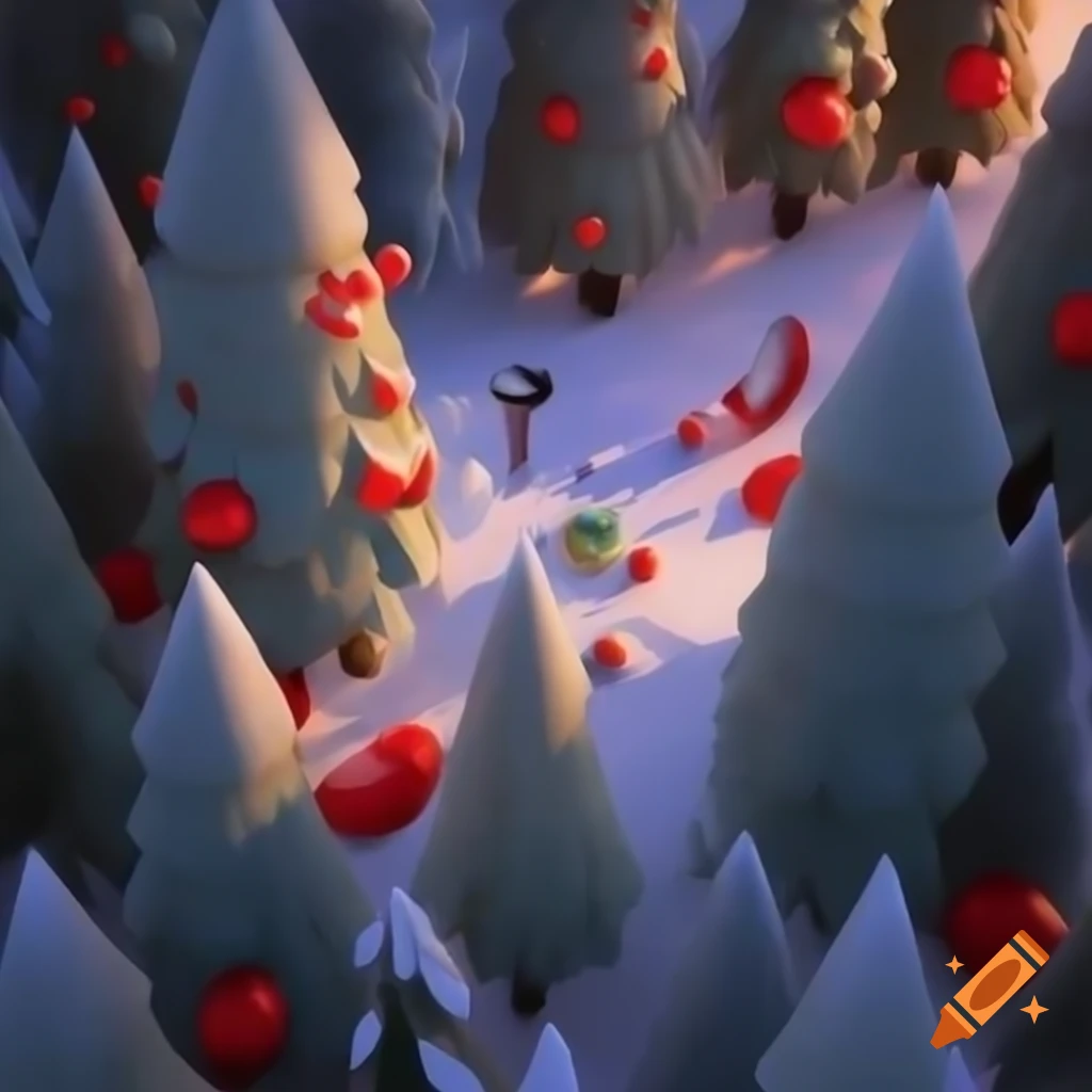 Panoramic illustration of Christmas forest scene blending Salish and Russian fairytale motifs with evergreens