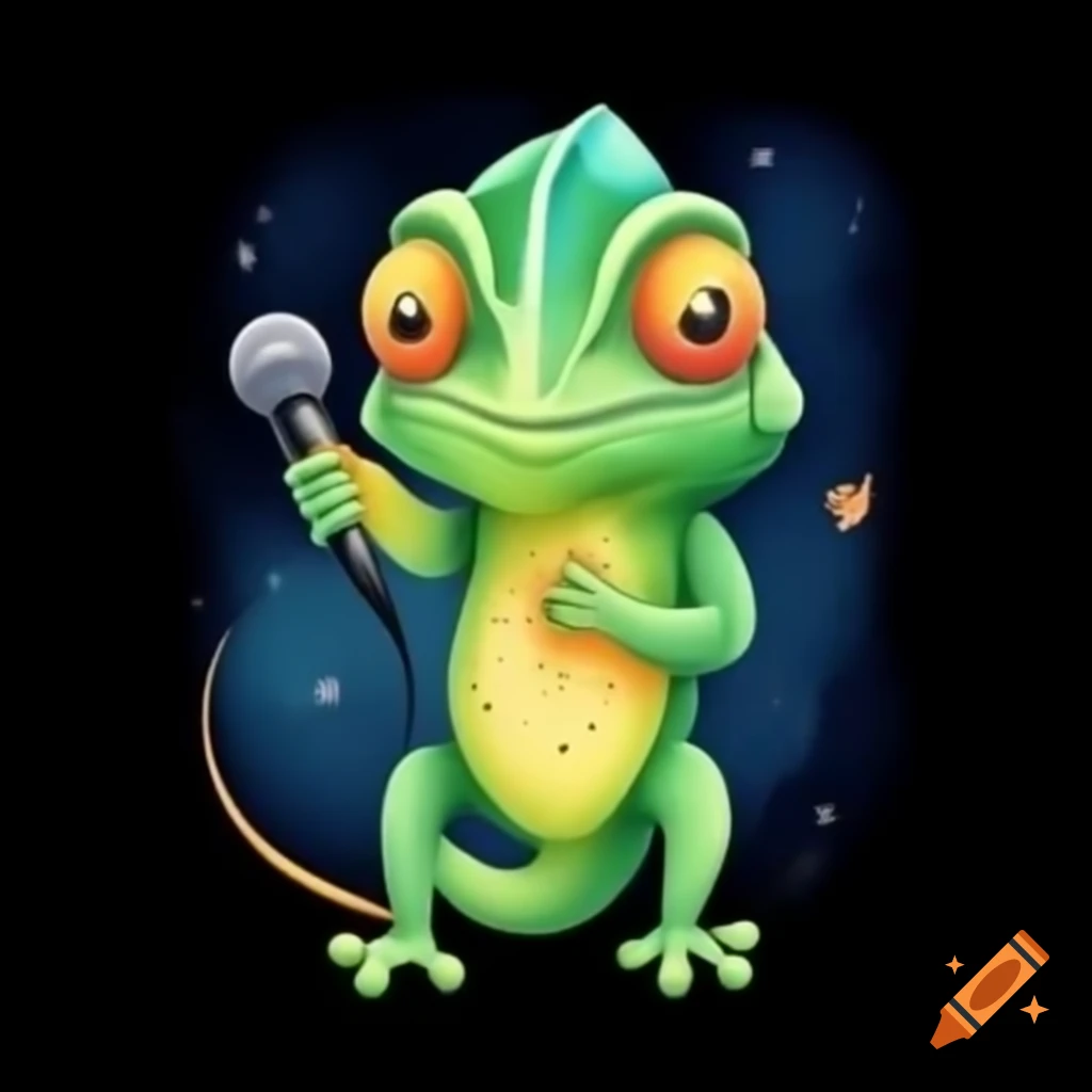 Chameleon holding microphone on stage