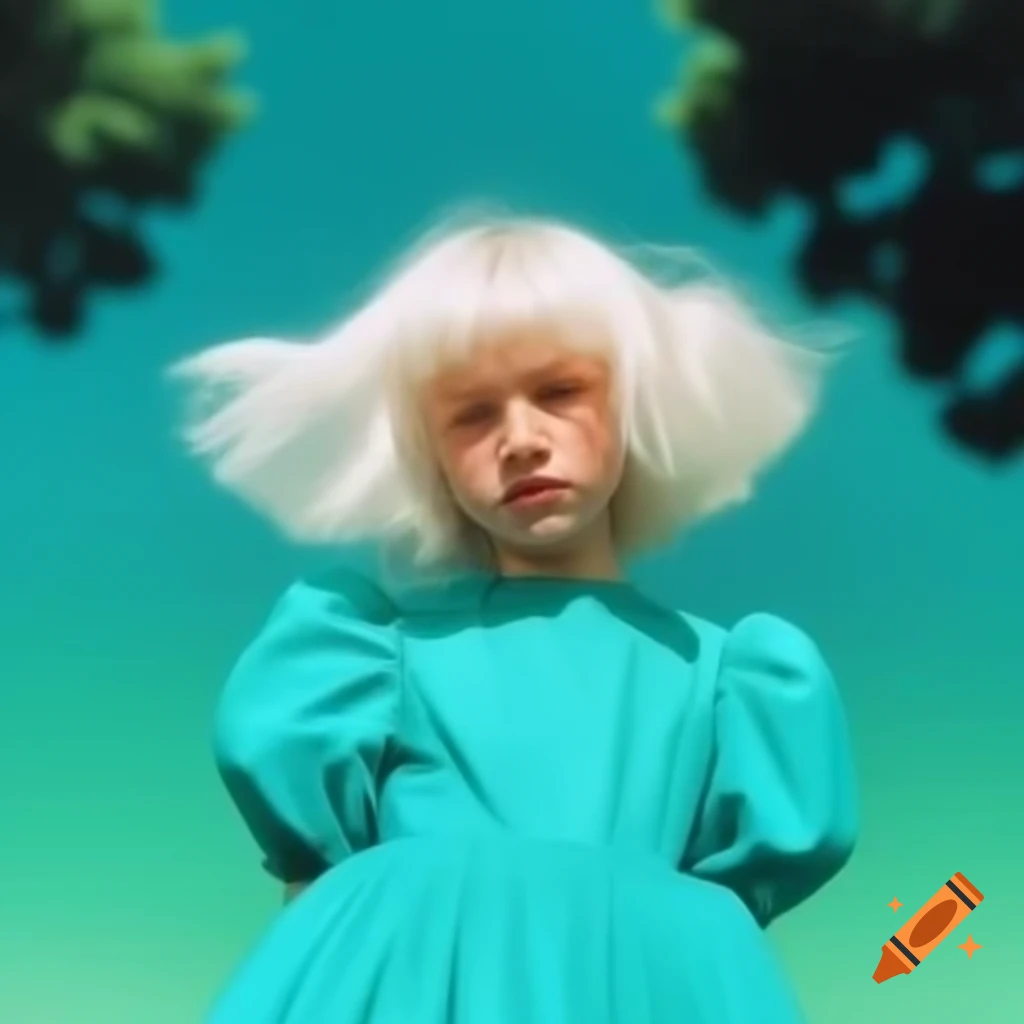 Girl with white hair in turquoise dress against green sky