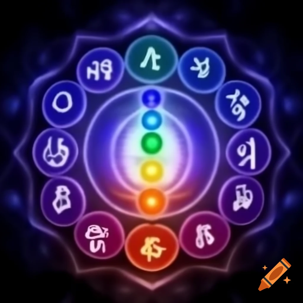 Seven chakra symbols in a spiritual atmosphere