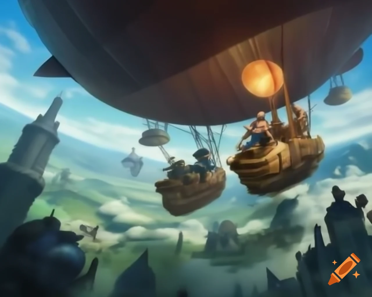 Steampunk airship adventure soaring through clouds, clockwork and brass design