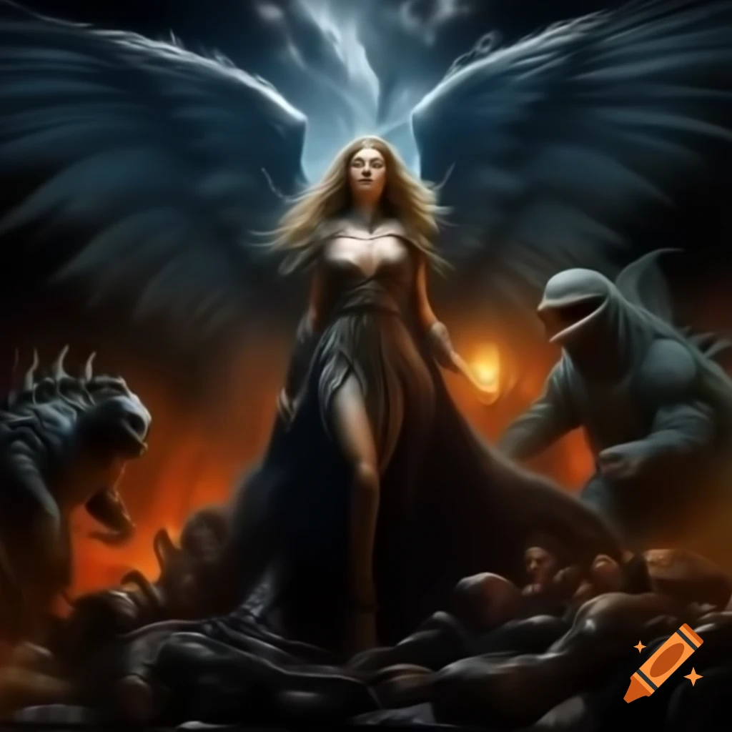 Zarkothian Goddess Adalline confronting A.I. Dreamweaver Goddess Genesis in emotional turmoil