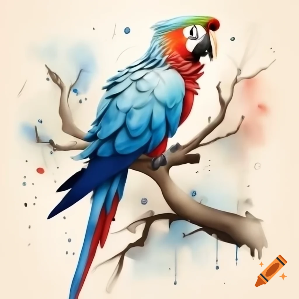 Cartoon-style king parrot in watercolor blue, red, and green on tree branch