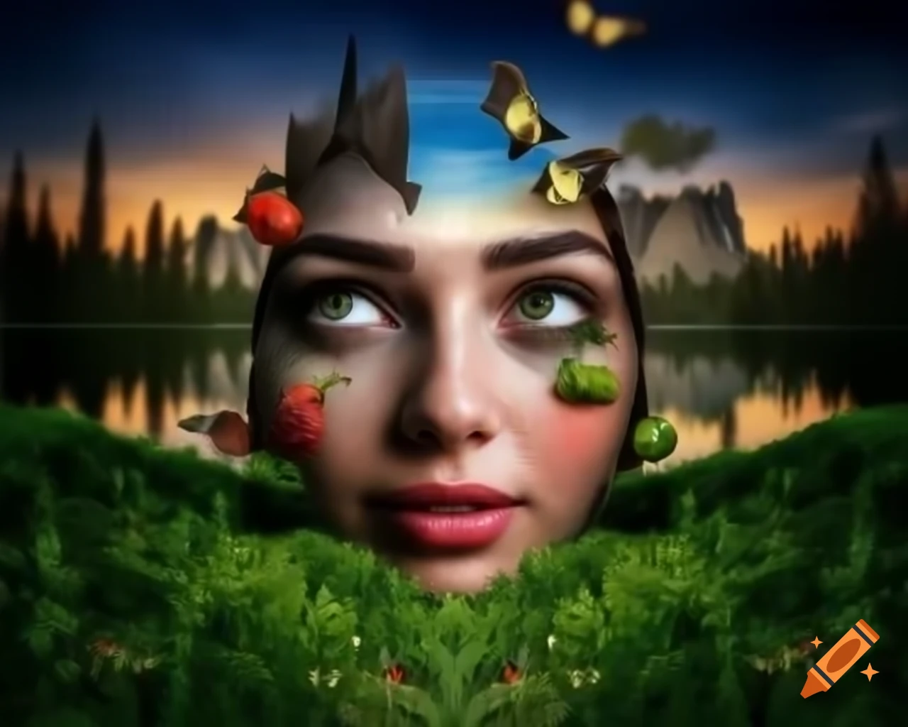 Surreal 3D render of woman's face in forest with wildflowers and butterflies
