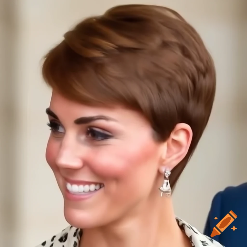 Catherine Middleton showing a new pixie cut hairstyle with clippered nape and short sides
