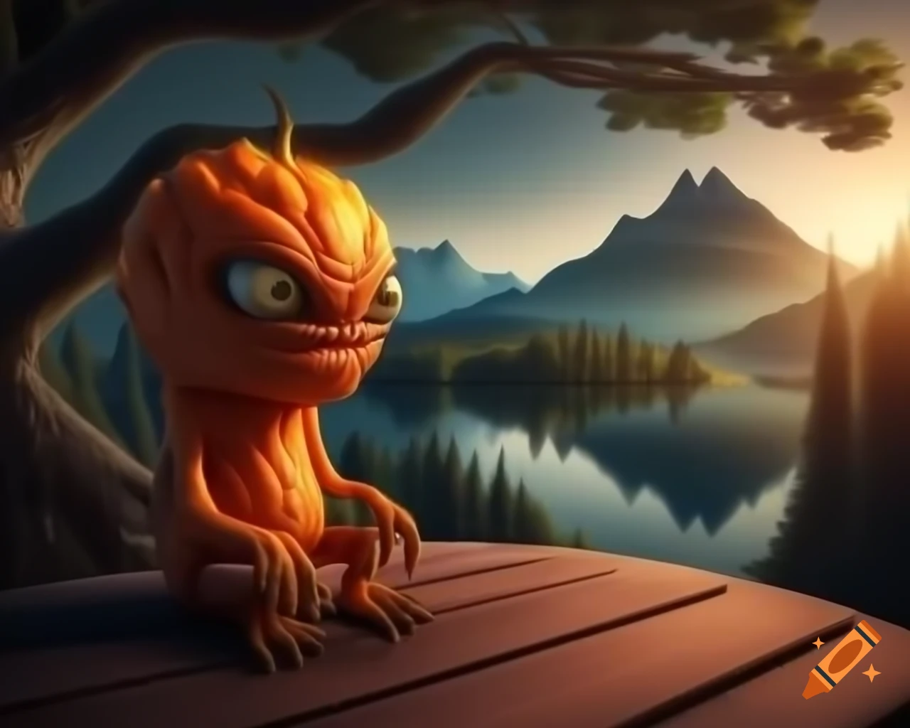 3D orange tree monster with human face on wooden table in forest